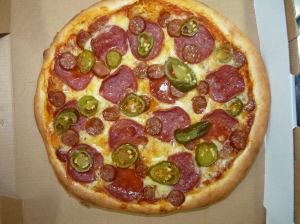 Diavola Pizza - homemade pizza sauce, mozzarella, pepperoni, hot sausage and jalapenos